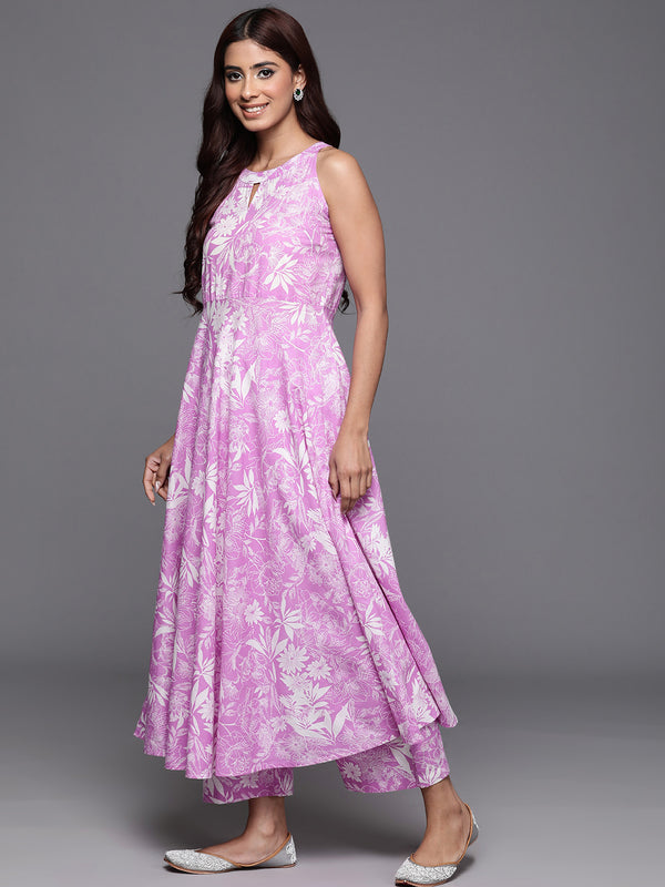 Varanga Women Lavender Floral Printed Halter Neck Anarkali Kurta With Bottom - Distacart