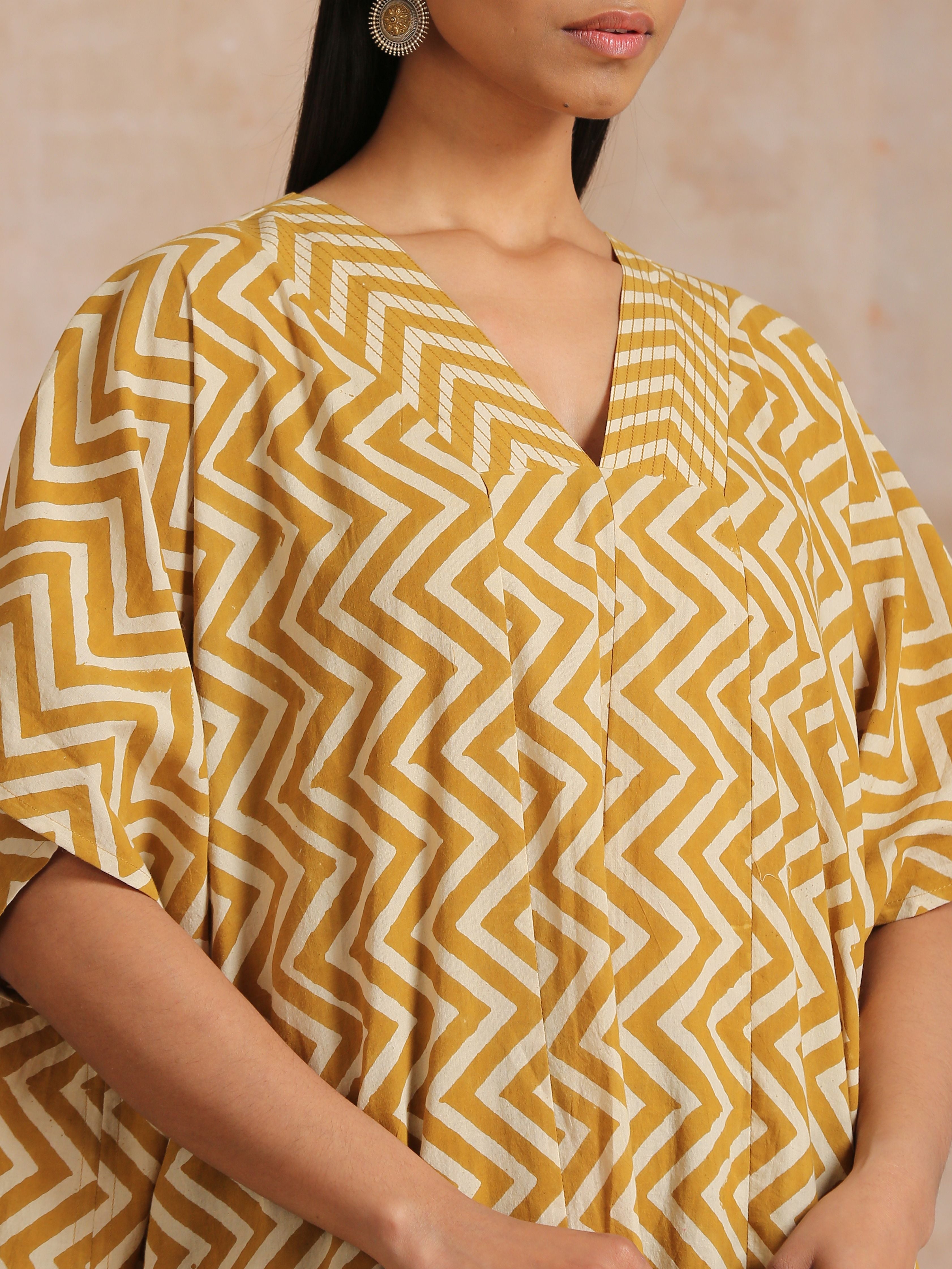 trueBrowns Mustard Dabu Zig-Zag Lines Print Cotton Panel Kaftan Kurta Pant Set - Distacart