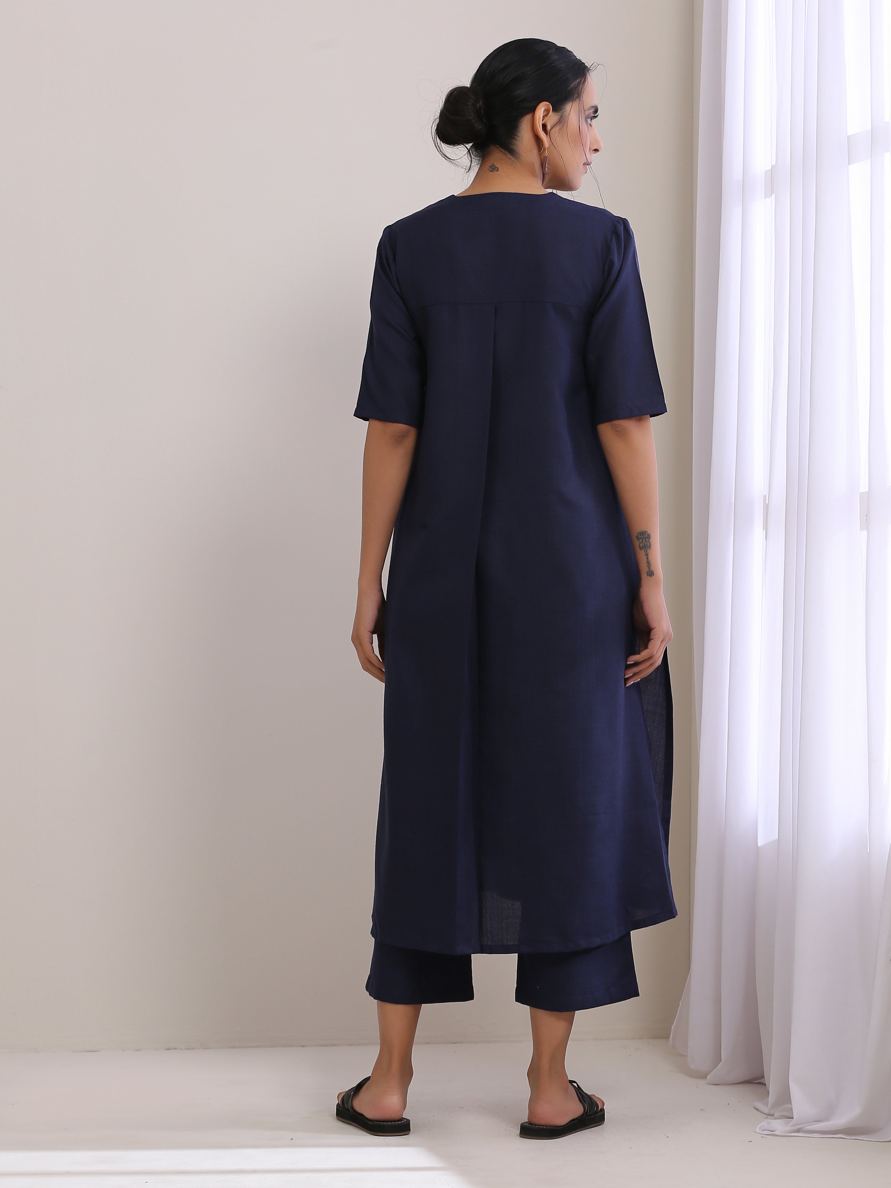 trueBrowns Blue Slub High Slit Kurta Pant Set - Distacart