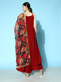 Thumbnail for Varanga Women Maroon Strap Style A Line Kurta Paired With Tonal Bottom And Contrast Floral Printed Dupatta With Four Sided Fringes