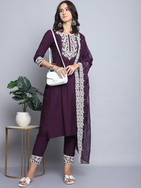 Thumbnail for Indian Fashion Women Wine Embroidery silk Kurta, Pant And Dupatta Set