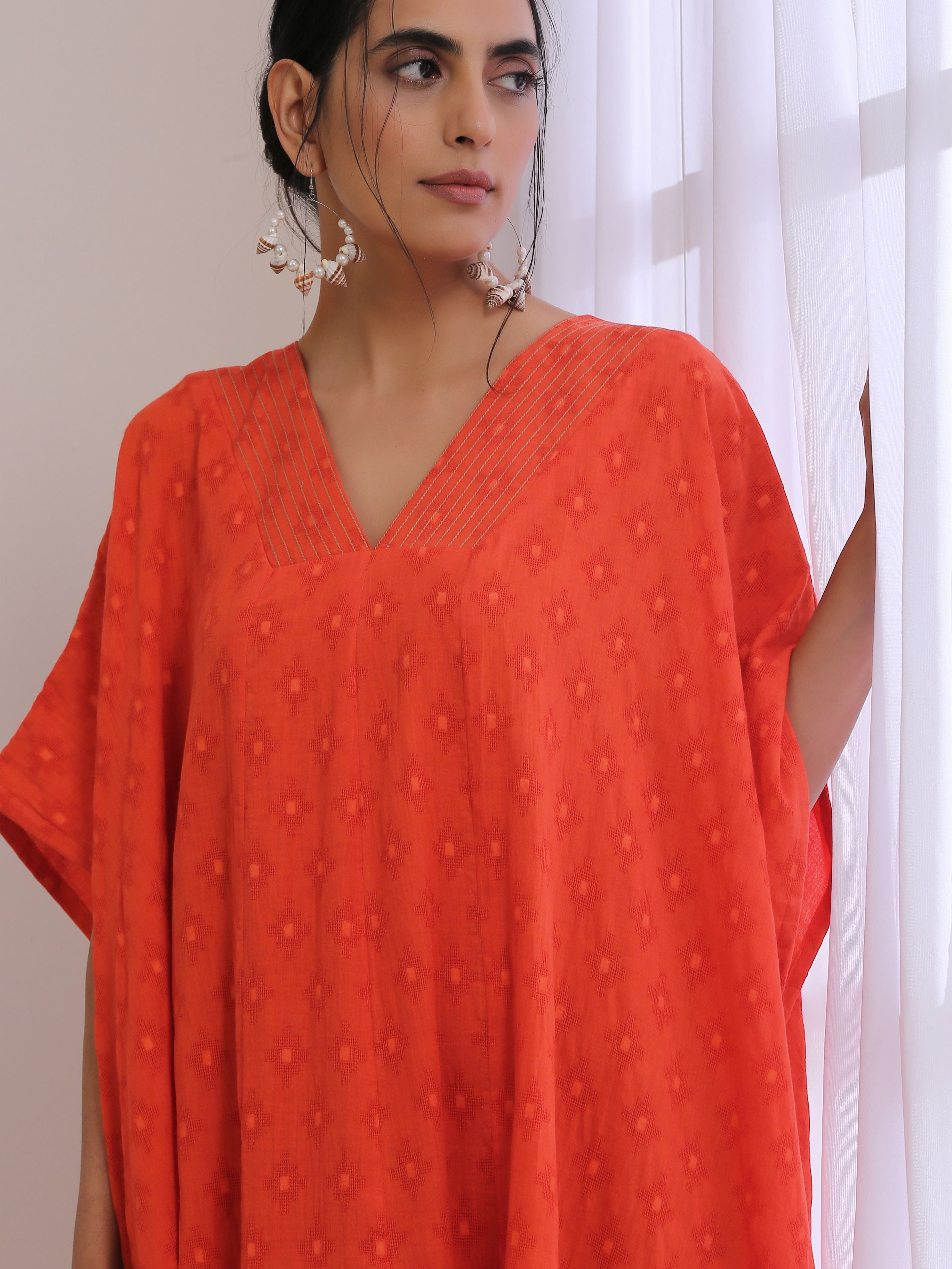 trueBrowns Orange Dobby Panel Kaftan Dress - Distacart