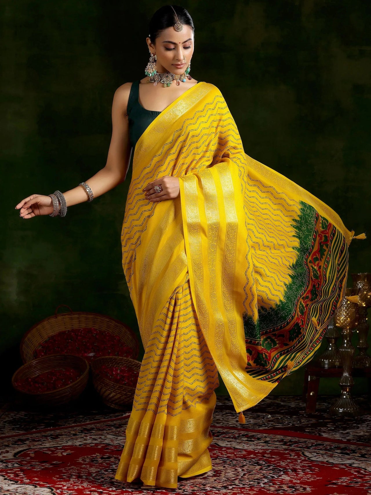 Libas Mustard Printed Silk Blend Saree With Unstitched Blouse Piece