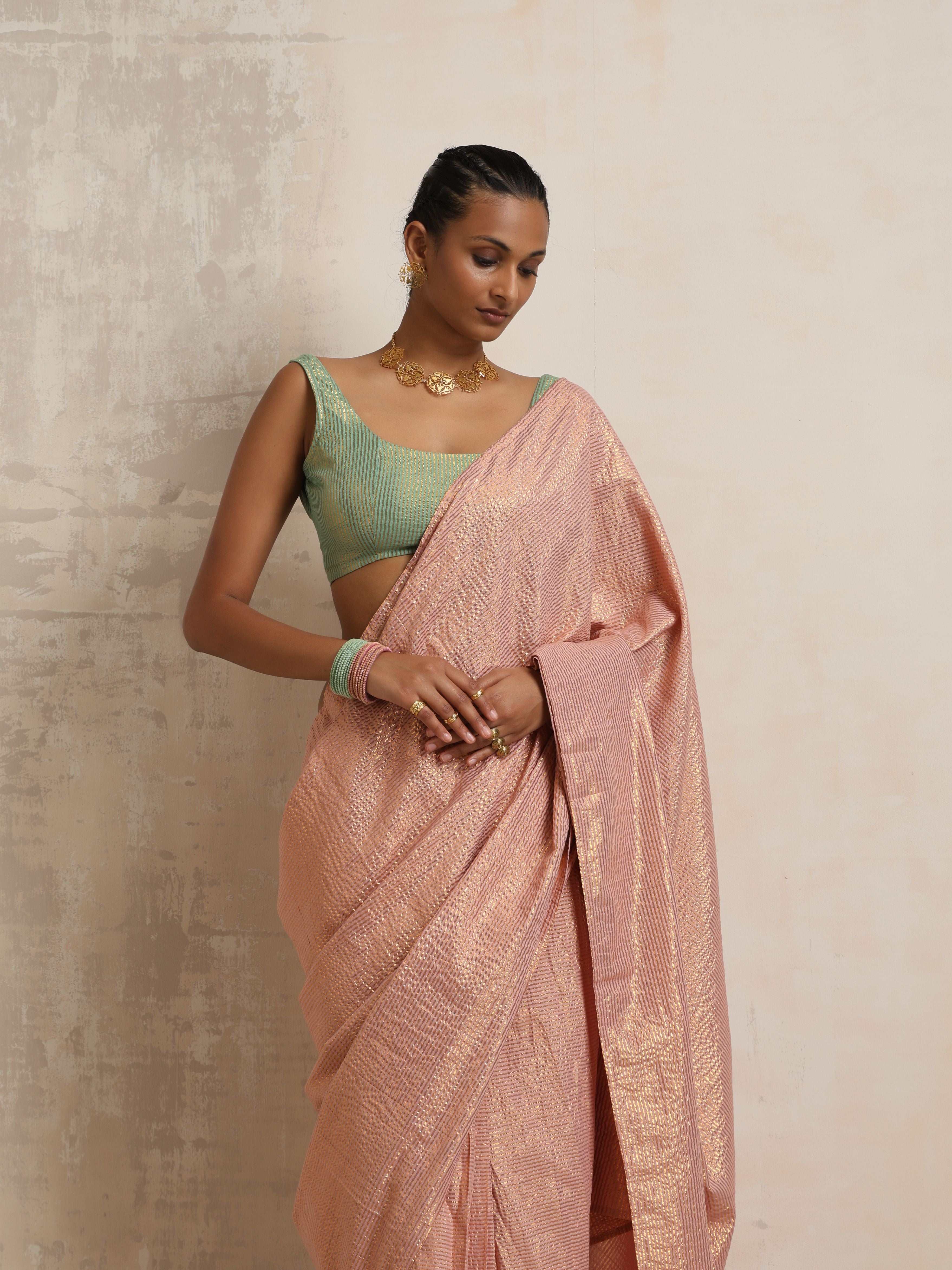trueBrowns Pink Gold Lurex Ready To Wear Saree - Distacart