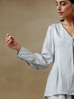 Thumbnail for trueBrowns Grey Bandhani Printed Silk Front Open Short Co-Ord Set - Distacart