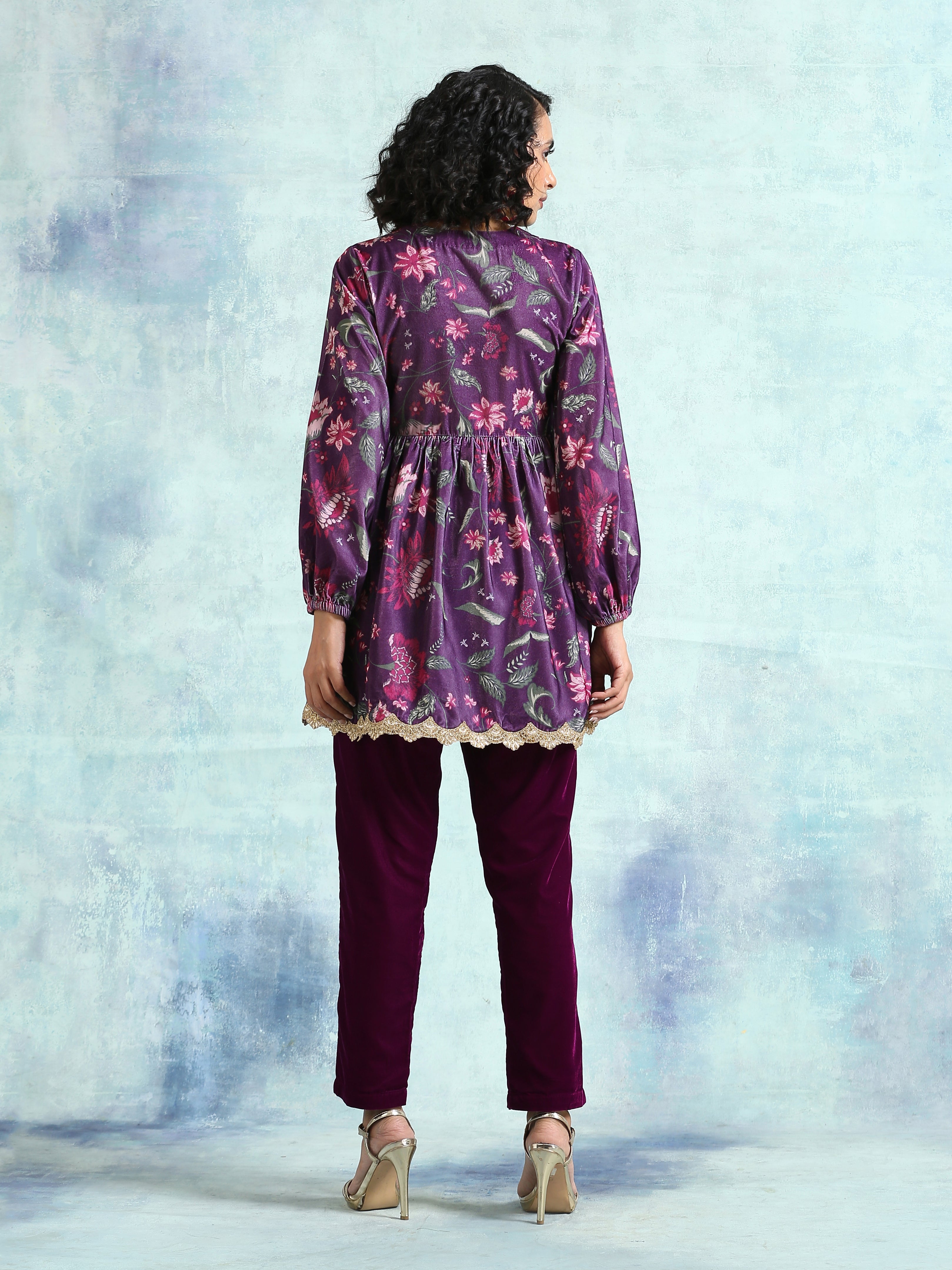 trueBrowns Wine Printed Velvet Lace Co-Ord Set - Distacart