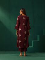 Thumbnail for trueBrowns Wine Geometric Viscose Silk High Slit Kurta Pant Set - Distacart