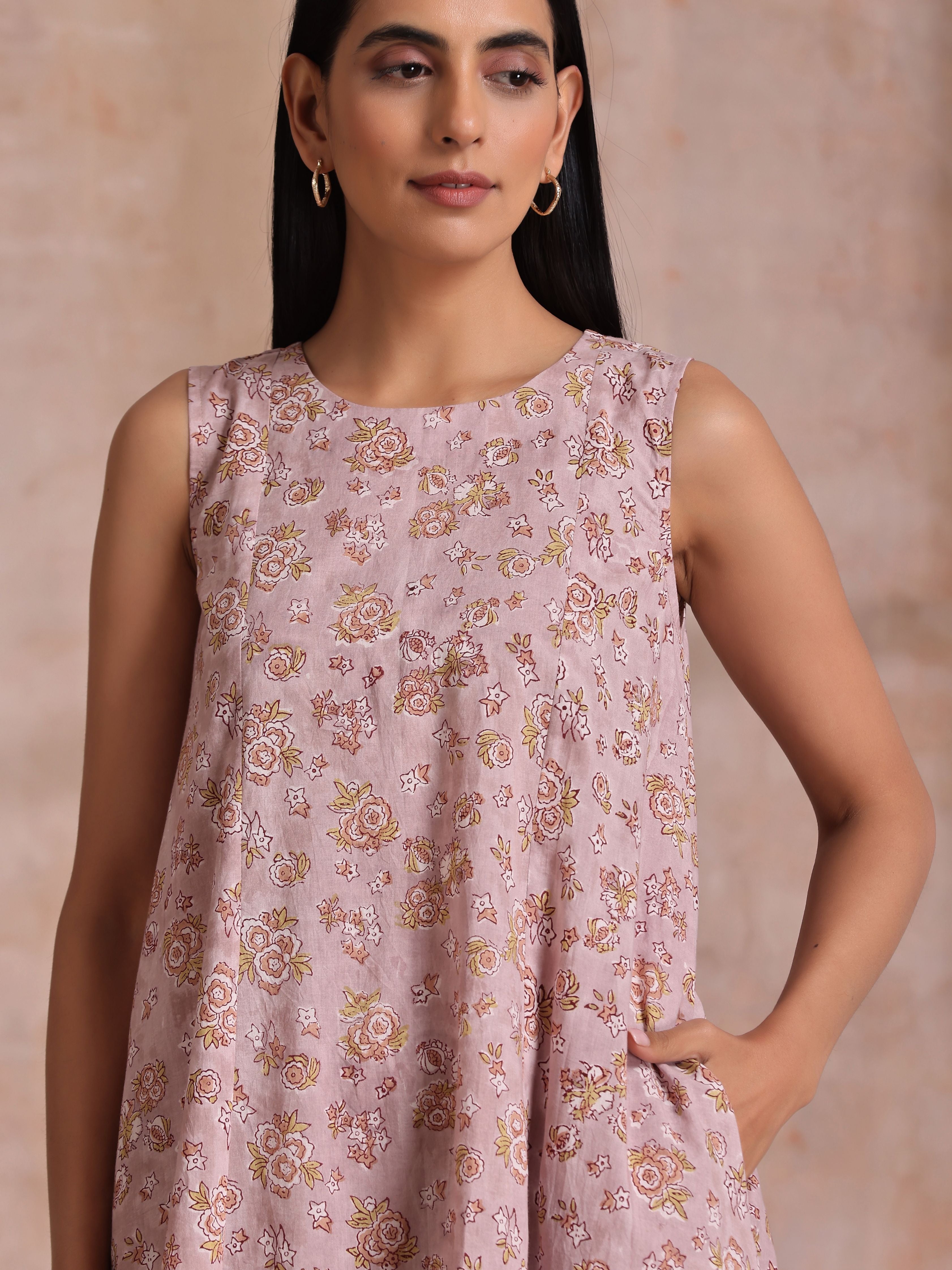 trueBrowns Grey Overall Floral Block Print Cotton High-Low Co-Ord Set - Distacart