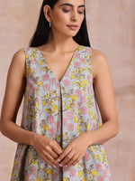 Thumbnail for trueBrowns Grey Overall Floral Block Print Cotton Sleeveless Flared Kurta Pant Set - Distacart
