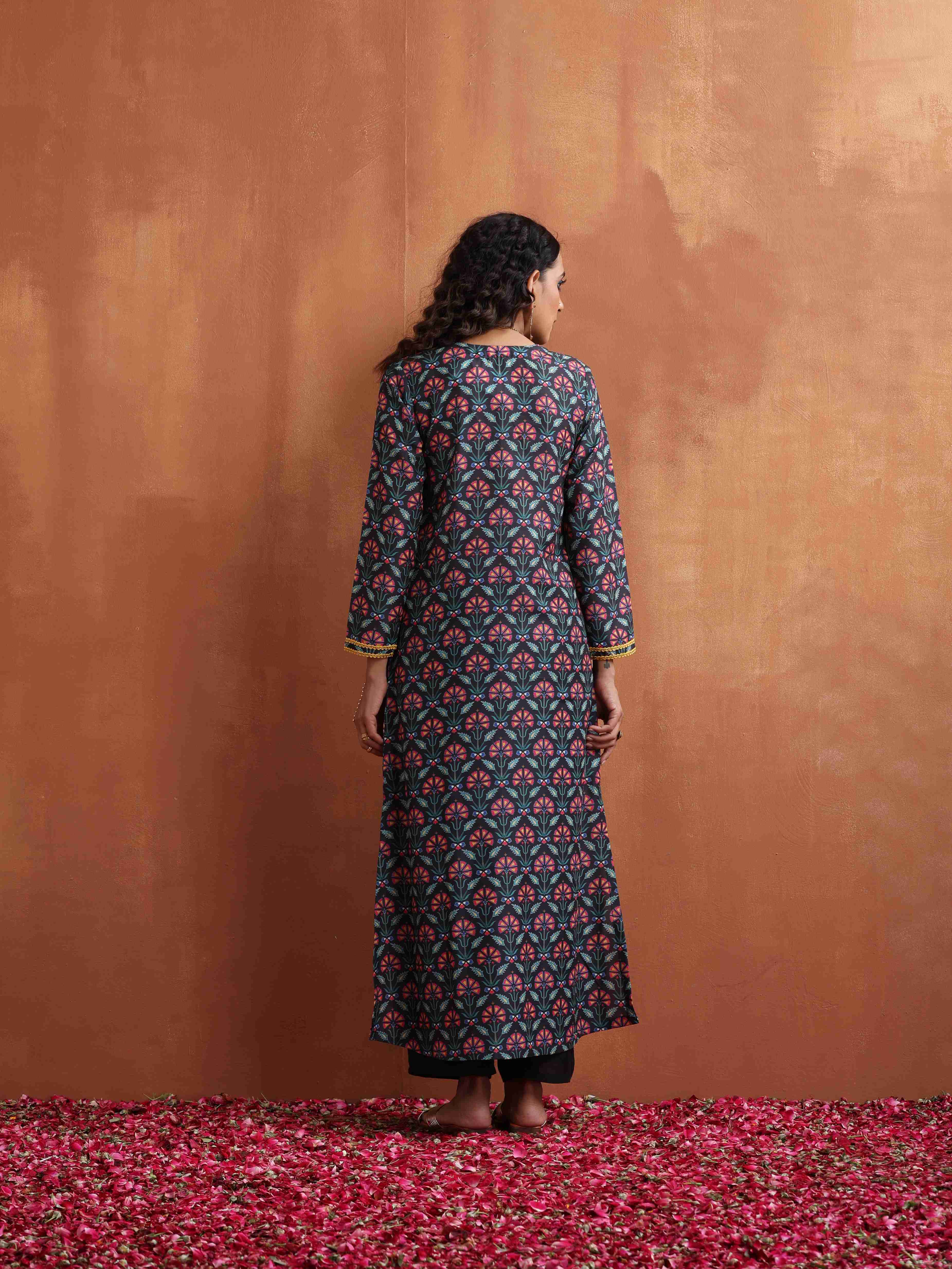 trueBrowns Black Floral Print A-line Kurta Set - Distacart