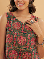 Thumbnail for InWeave Green Red Mughal Kalamkari Top - Distacart