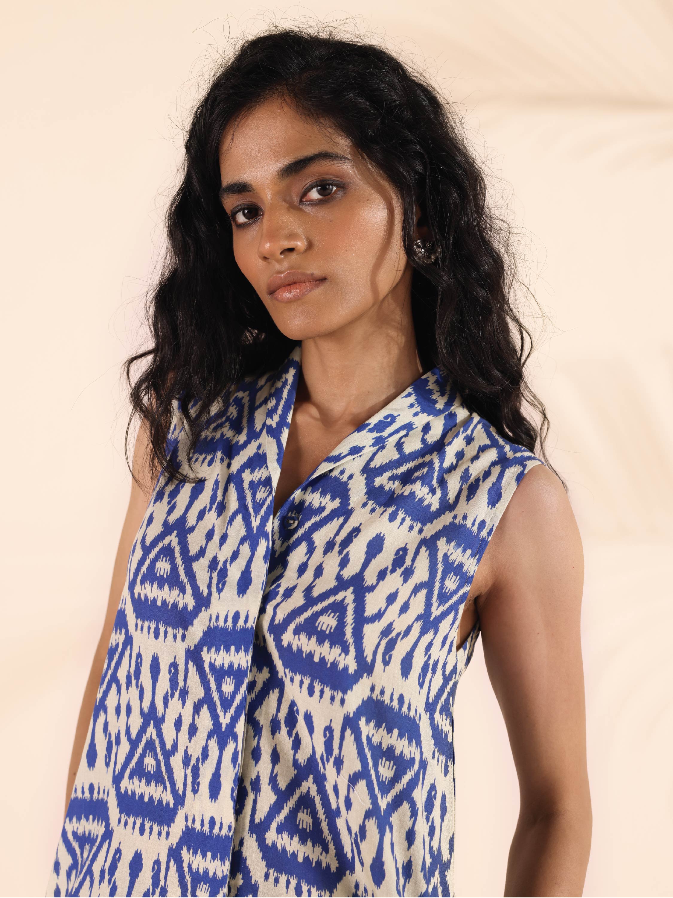 trueBrowns Blue Cotton Ikat Sleeveless Co-ord Set - Distacart