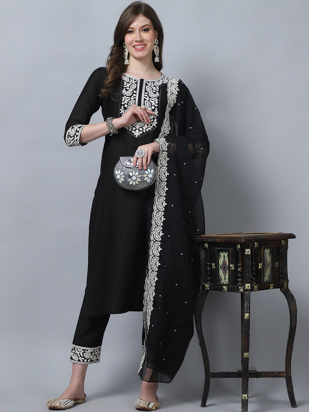 Indian Fashion Women Black Embroidery silk Kurta, Pant And Dupatta Set