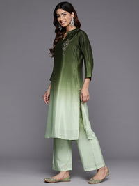 Thumbnail for Varanga Women Mandarin Collar Placement Embroidered Kurta Paired With Tonal Bottom