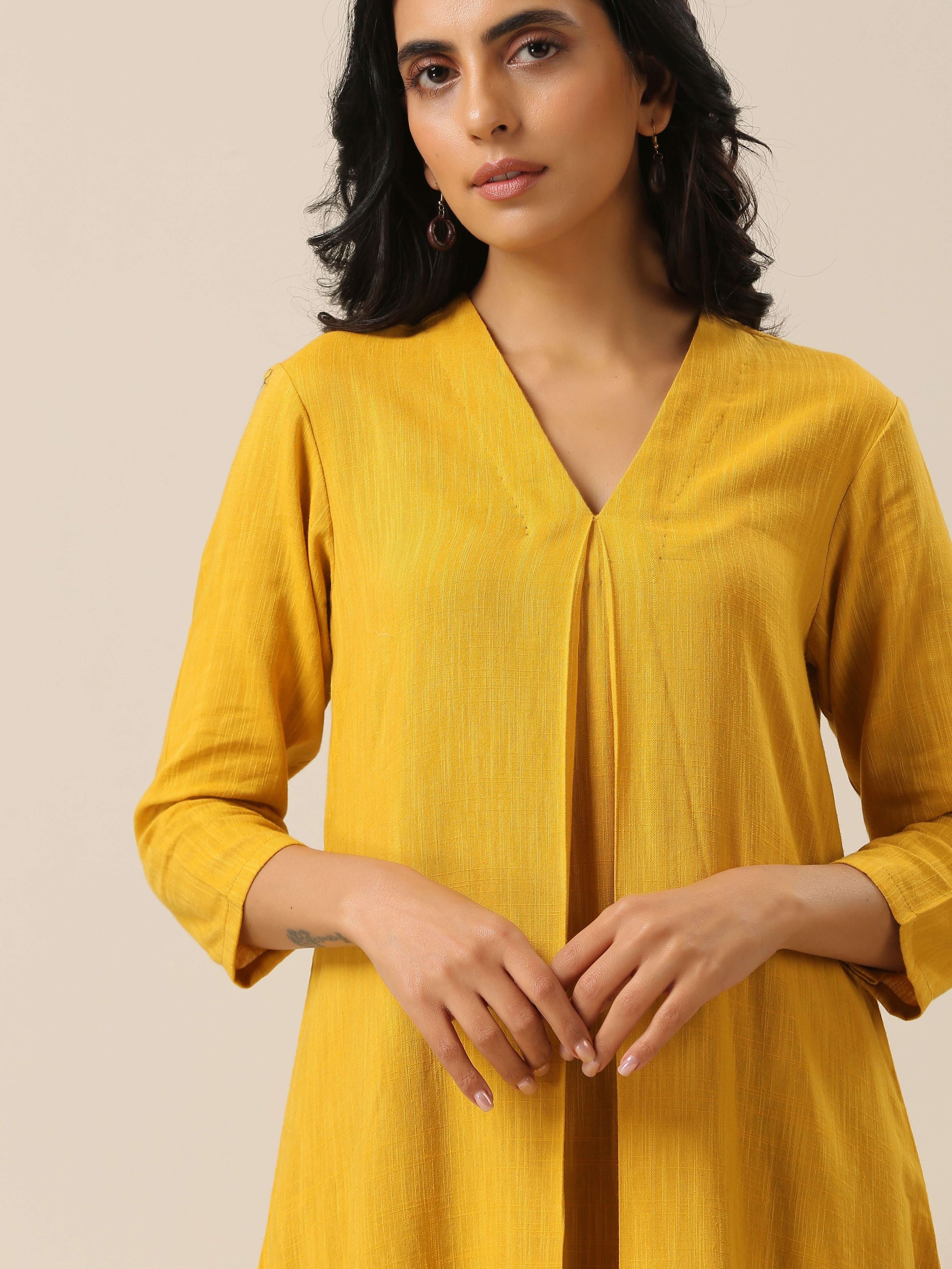 trueBrowns Mustard Yellow Slub Texture Neck Pleat Kurta Pant Set - Distacart