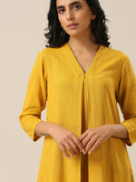 Thumbnail for trueBrowns Mustard Yellow Slub Texture Neck Pleat Kurta Pant Set - Distacart