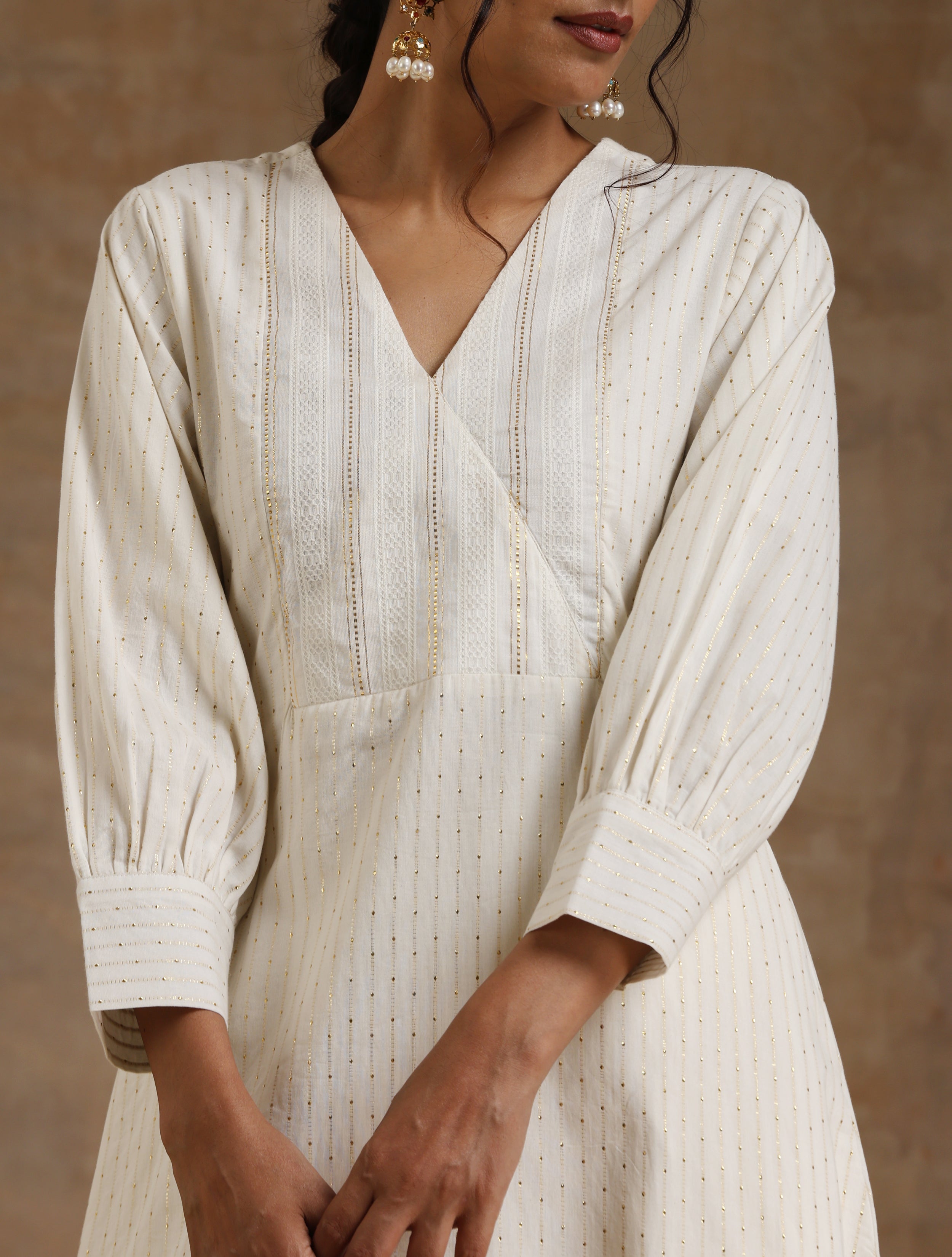 trueBrowns Ivory Gold Cotton Overlap Yoke Kurta Set - Distacart