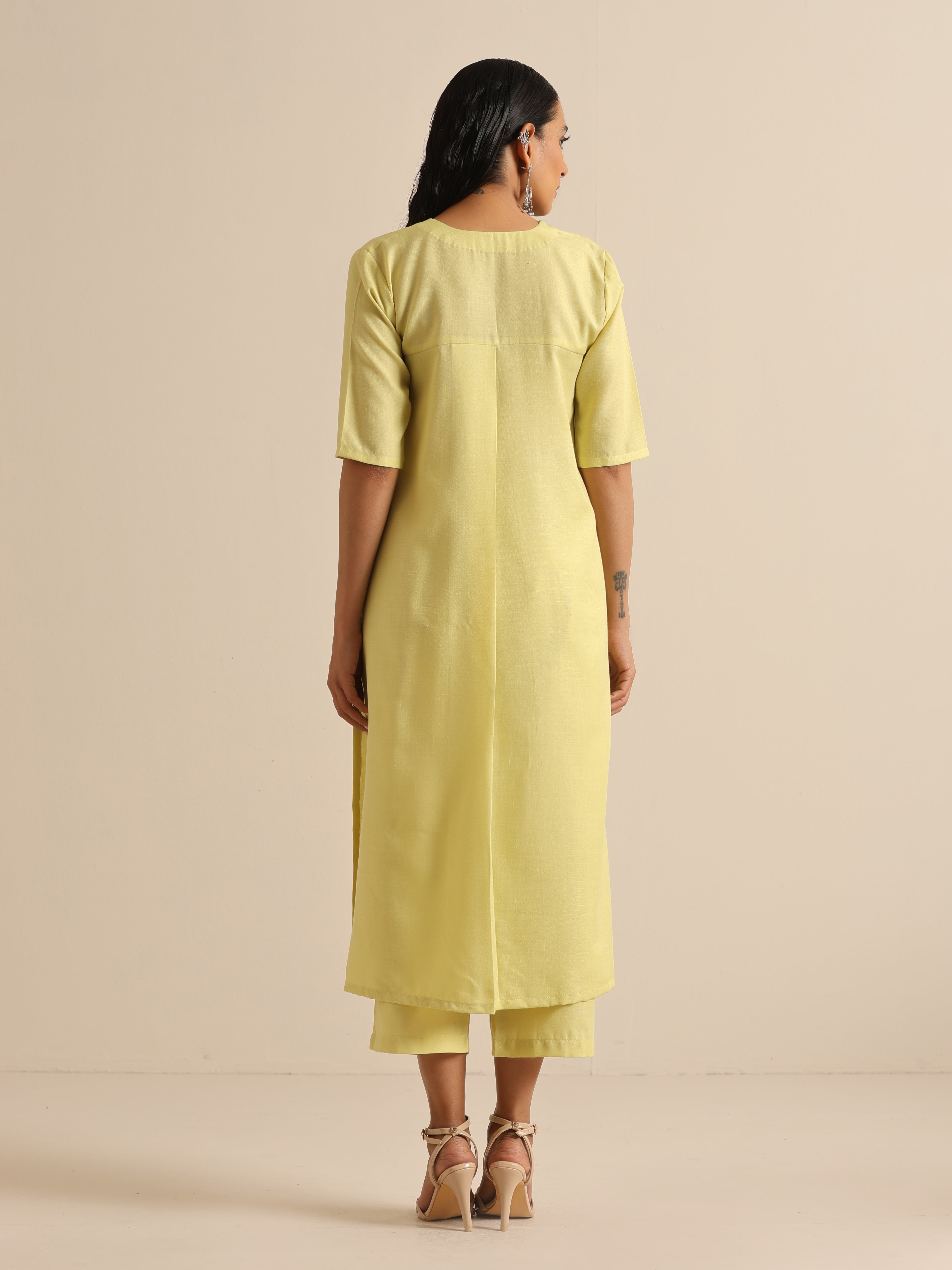 trueBrowns Spark Green Slub High Slit Kurta Pant Set - Distacart