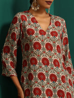 Thumbnail for trueBrowns Ivory Red Circle Floral Muslin Silk Printed V-Neck Kurta Pant Set - Distacart