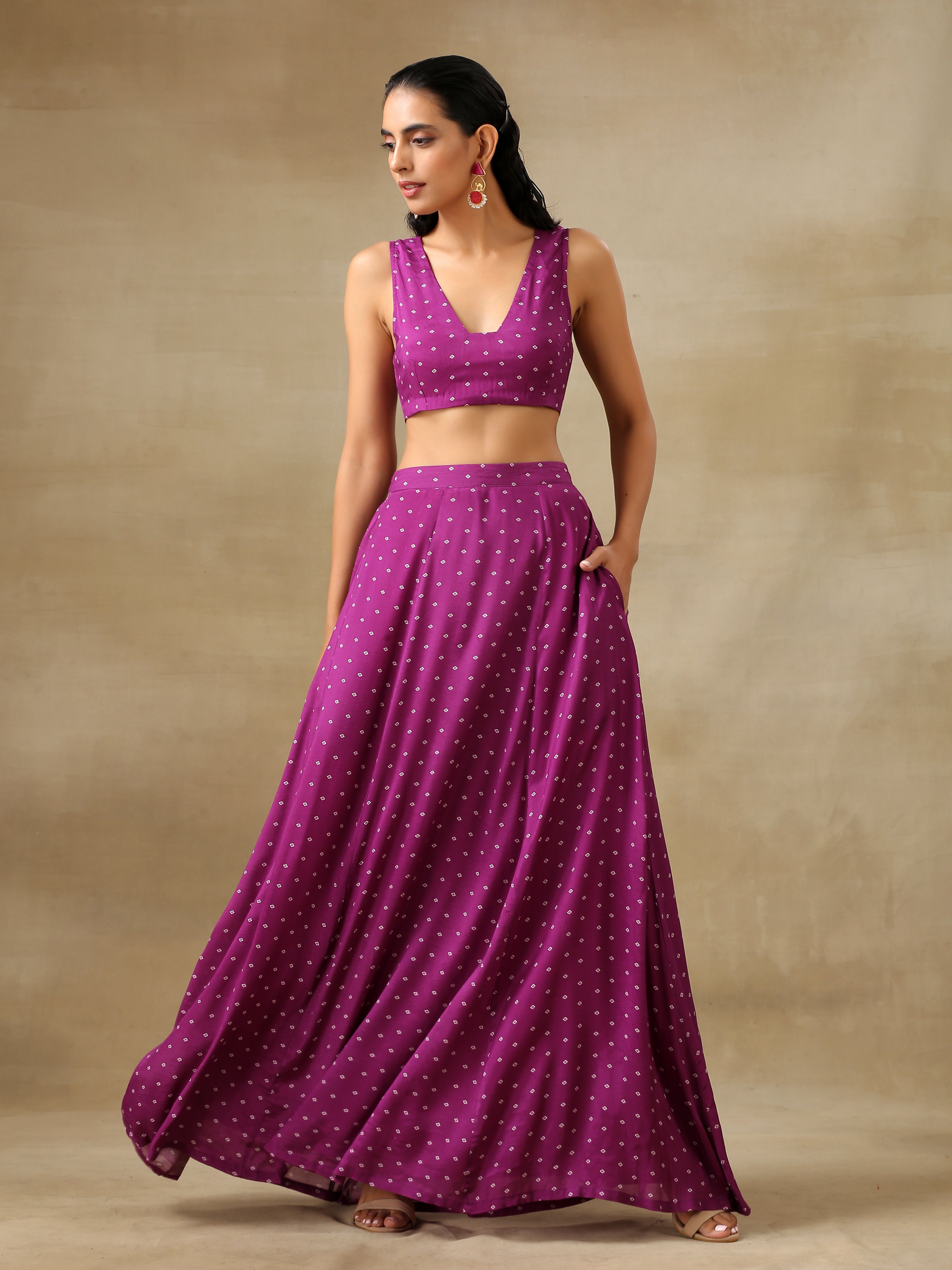 trueBrowns Purple Bandhani Printed Silk Top Skirt Jacket Set - Distacart