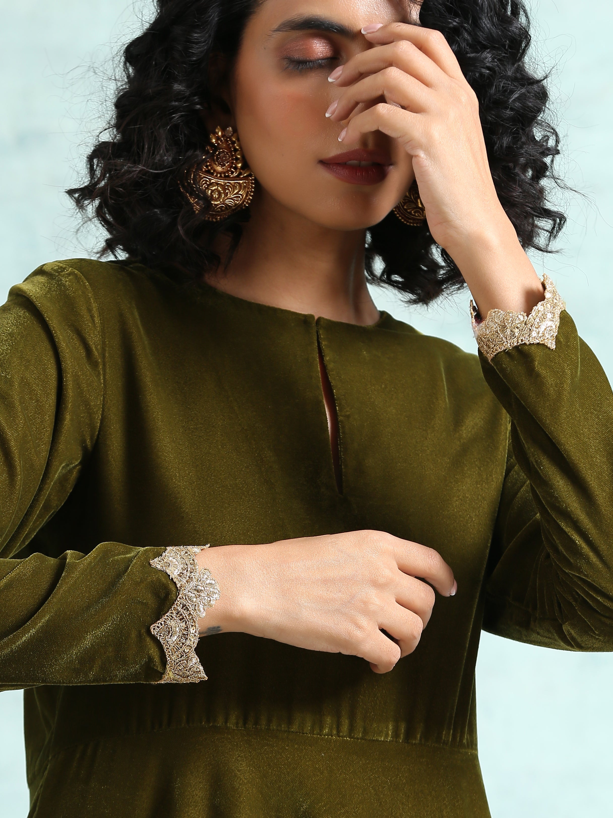 trueBrowns Mehandi Velvet Anarkali Kurta - Distacart