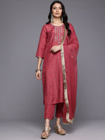 Thumbnail for Varanga Women Maroon Thread And Zari Embroidered Sequins Embellished Kurta Set With Dupatta - Distacart