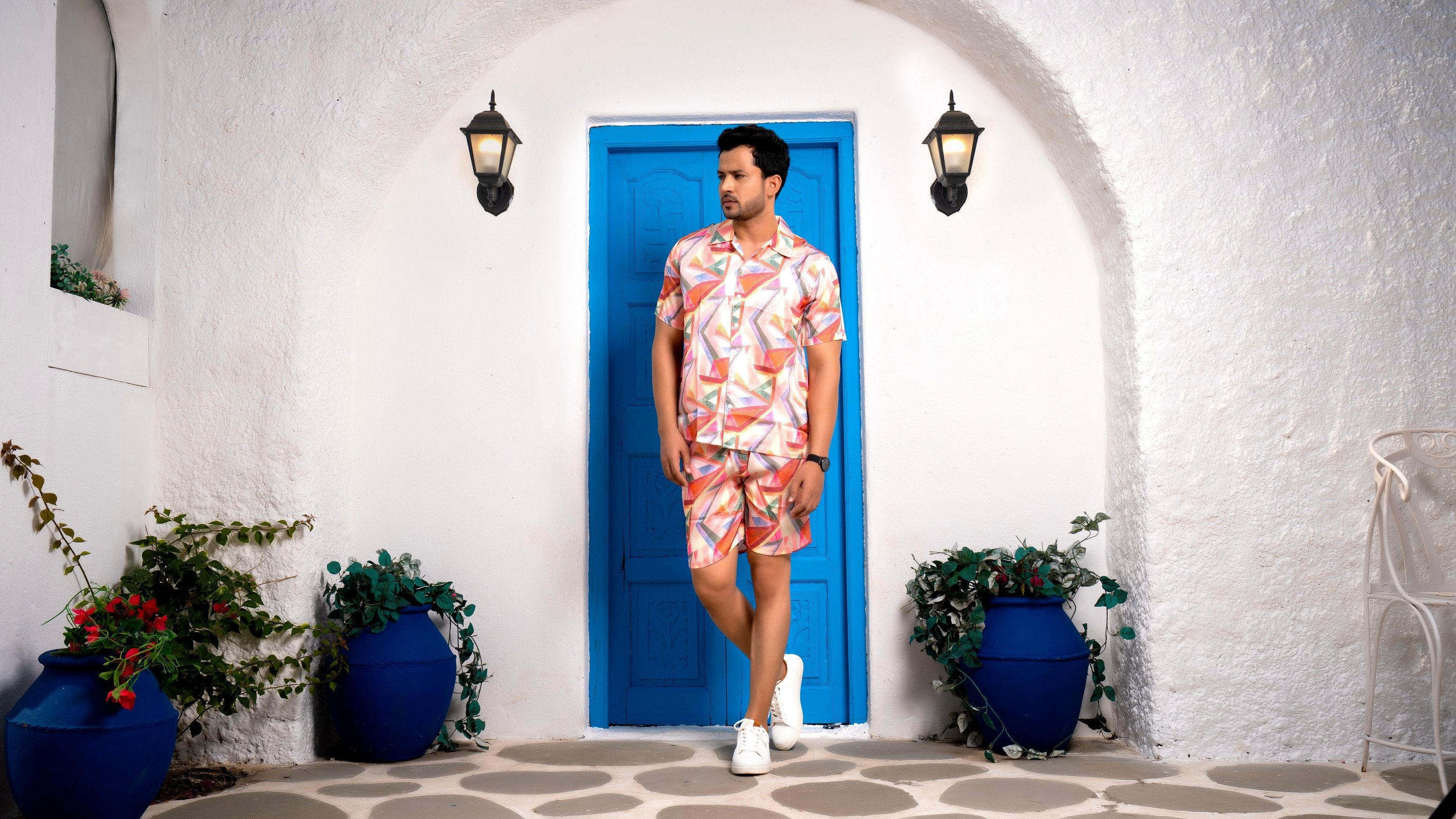 Noroke Sustainable fabric | Linen Satin Linen Geometric Co-ord Set Men - Distacart