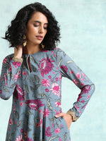 Thumbnail for trueBrowns Grey Printed Velvet Anarkali Kurta - Distacart