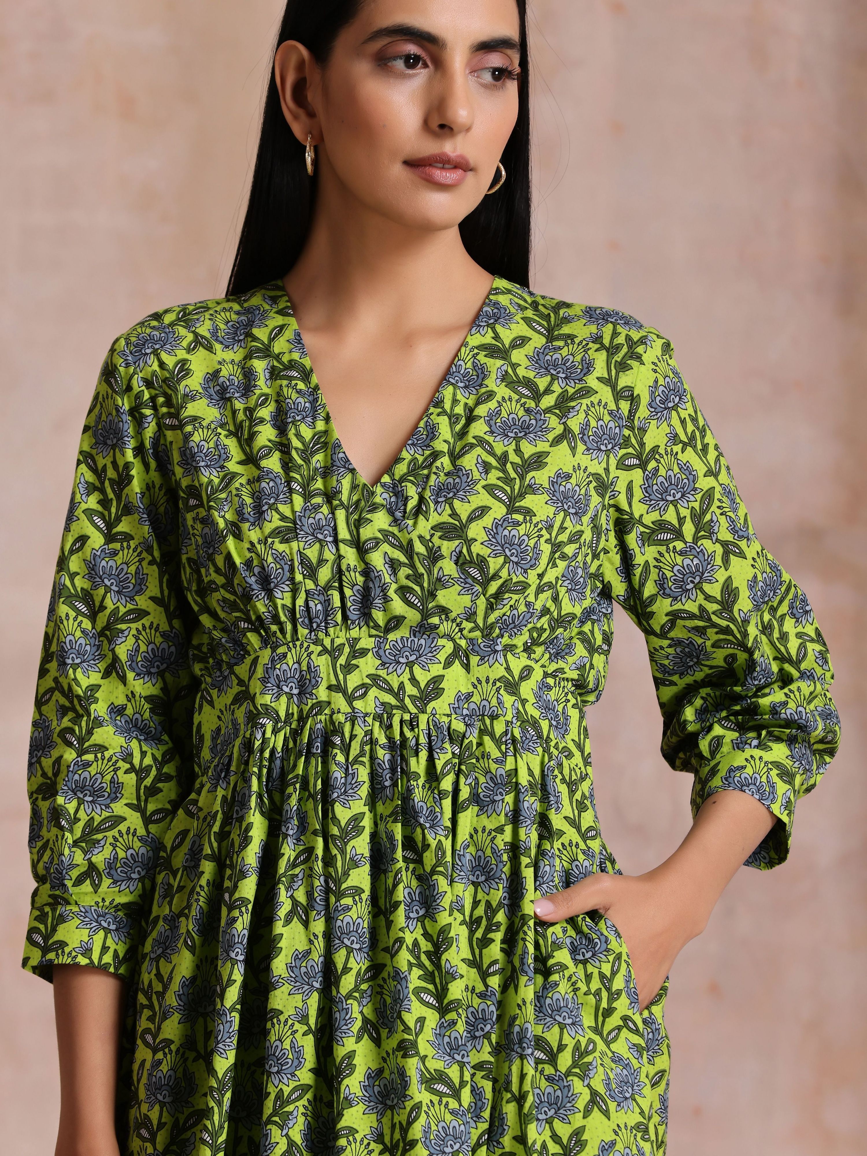 trueBrowns Lime Green Overall Blue Floral Block Print Cotton Wrap Dress - Distacart