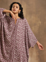 Thumbnail for trueBrowns Dark Mauve Zig Zag Printed Silk Kaftan Co-Ord Set - Distacart