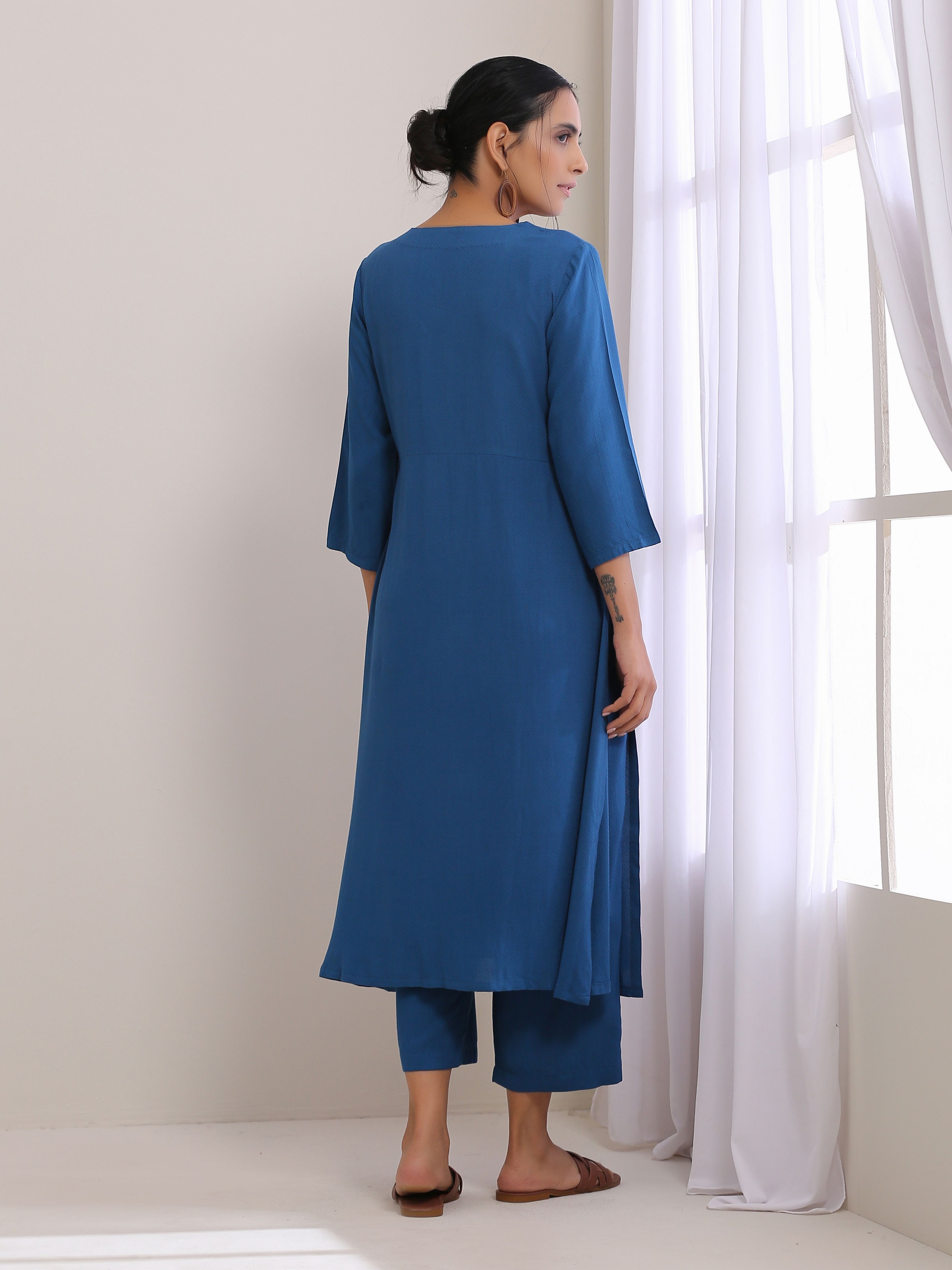trueBrowns Classic Blue Dobby High Slit Gathered Kurta Set - Distacart