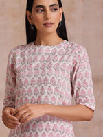 Thumbnail for trueBrowns Pink Green Floral On White Block Print Cotton Slit Kurta Pant Set - Distacart