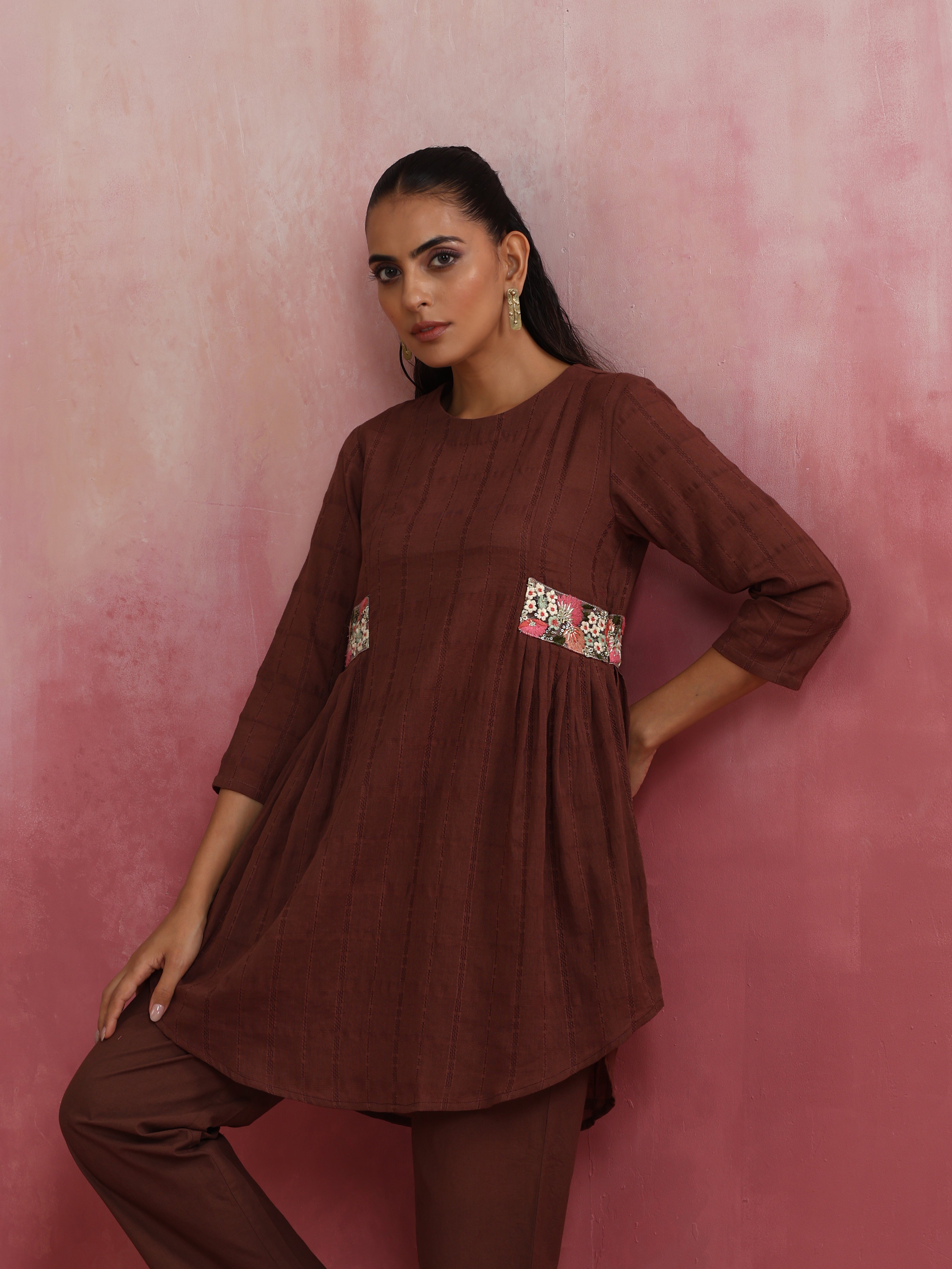 trueBrowns Brown Cotton Dobby Kurta Co-ord set - Distacart