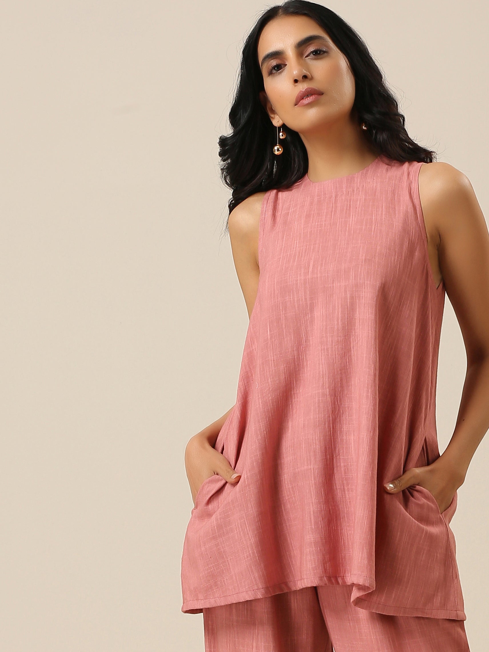 trueBrowns Light Mauve Slub Textured Sleeveless Short Co-Ord Set - Distacart