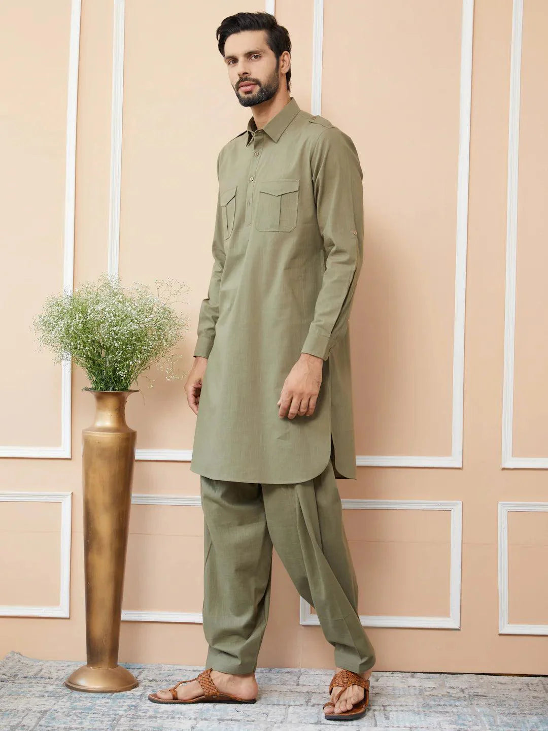 Fabmade Olive Cotton Linen Pathani Kurta With Salwar - Distacart