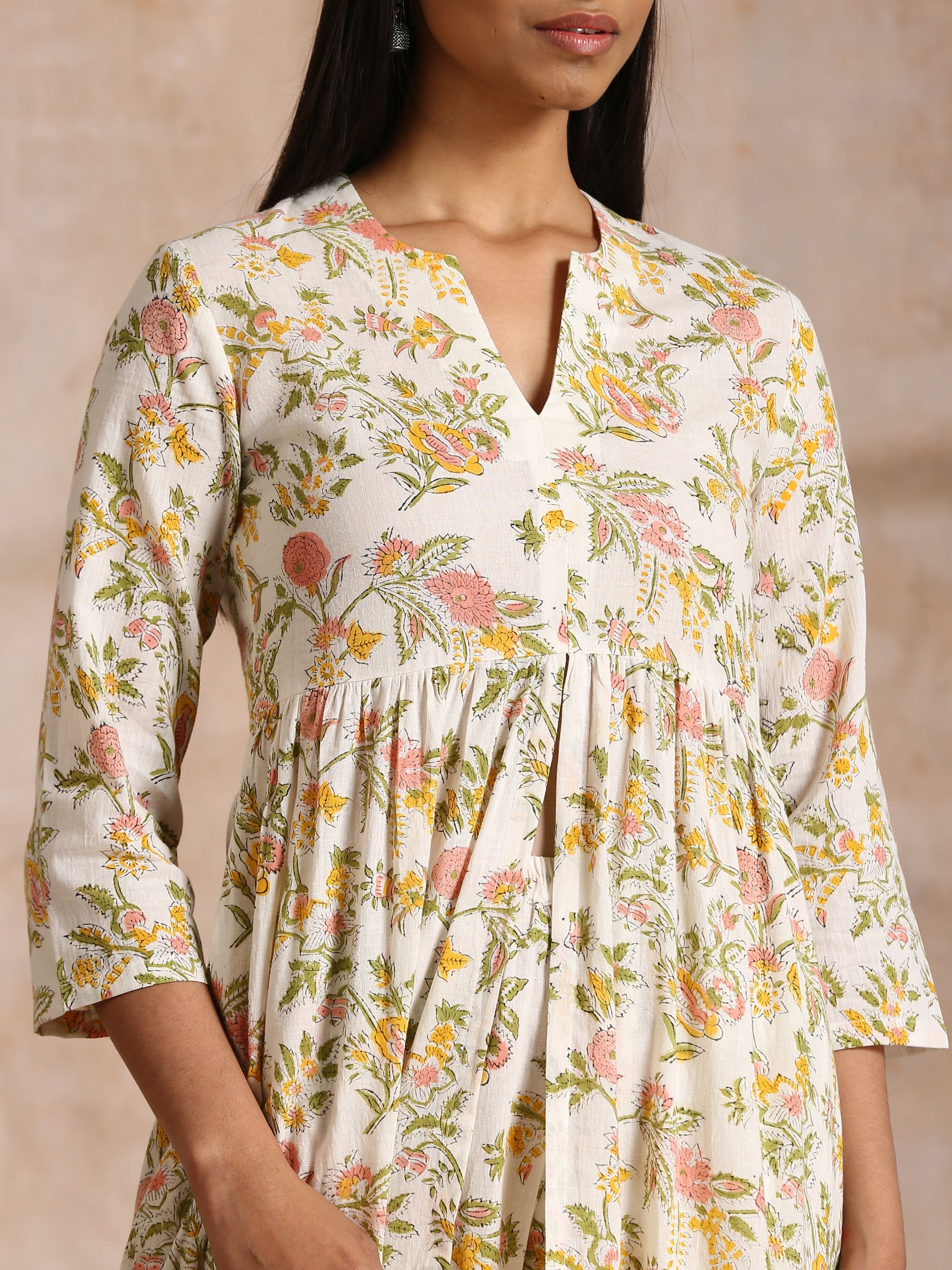 trueBrowns White Multi Color Overall Block Print Cotton Kurta Pant Set - Distacart