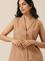 Thumbnail for trueBrowns Beige Slub Texture Sleevesless Jacket Pant Set - Distacart