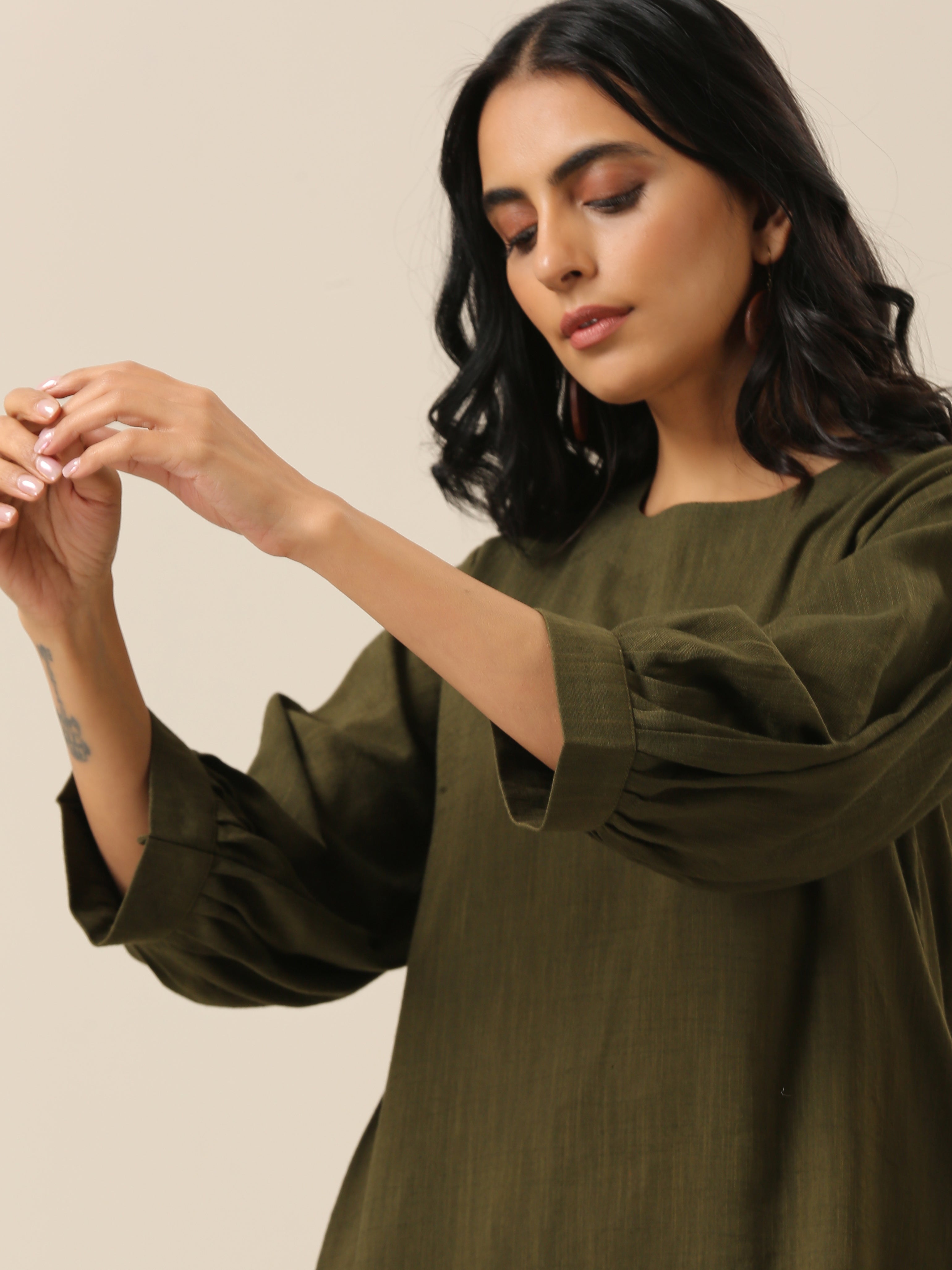 trueBrowns Olive Green Slub Texture Baggy Sleeve Co-Ord Set - Distacart