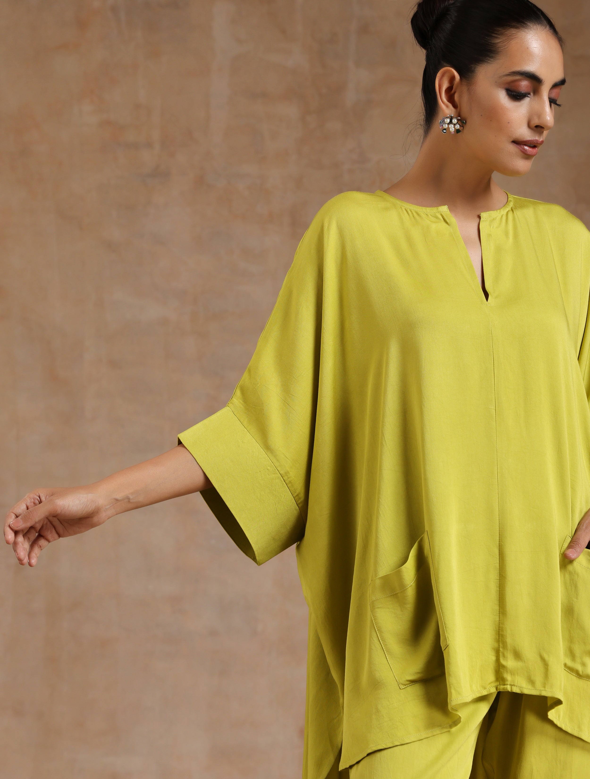 trueBrowns Lime Modal Satin Boxy Fit High-Low Co-Ord Set - Distacart