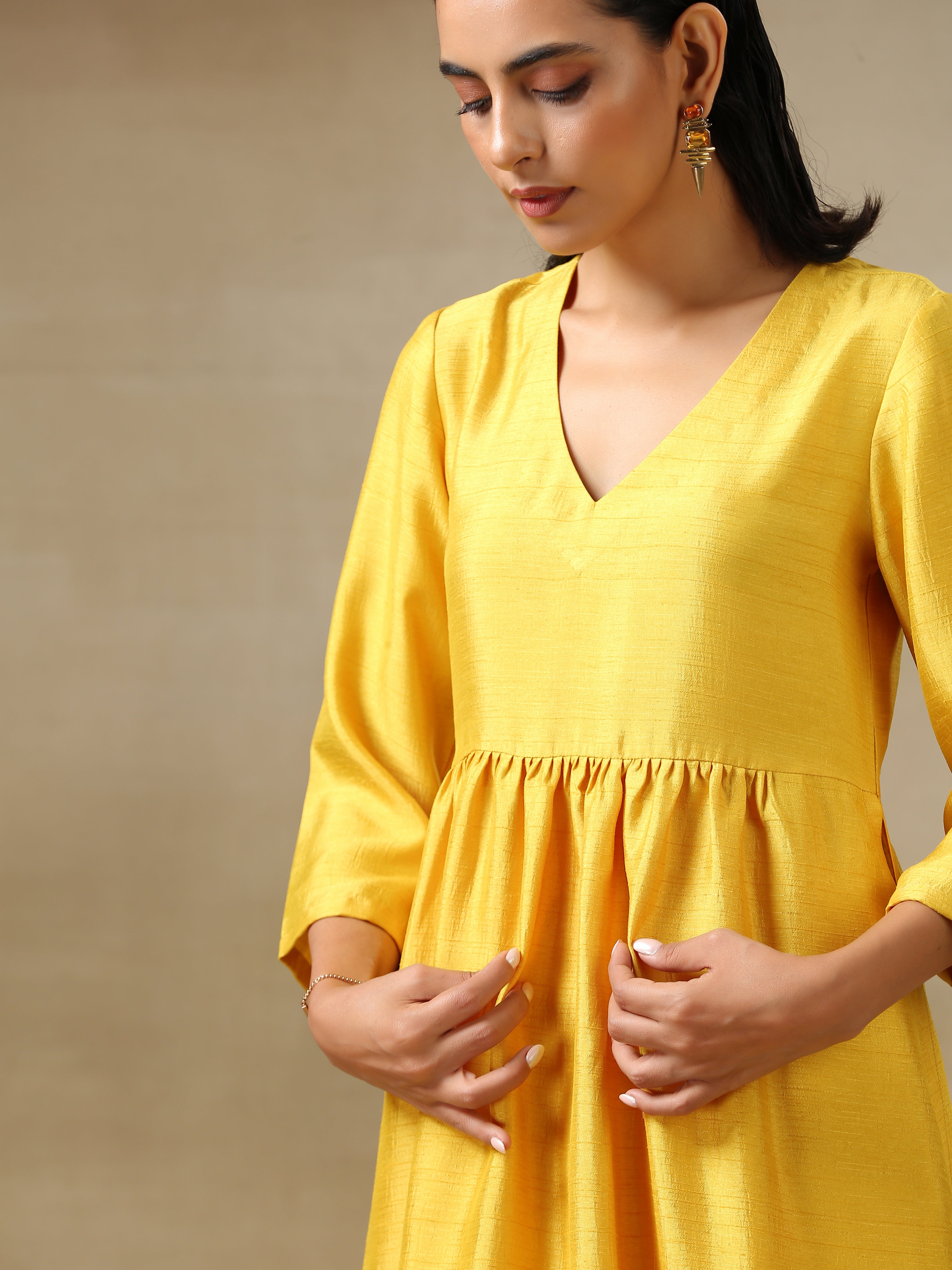 trueBrowns Yellow Textured Silk High Slit Gathered Kurta Set - Distacart