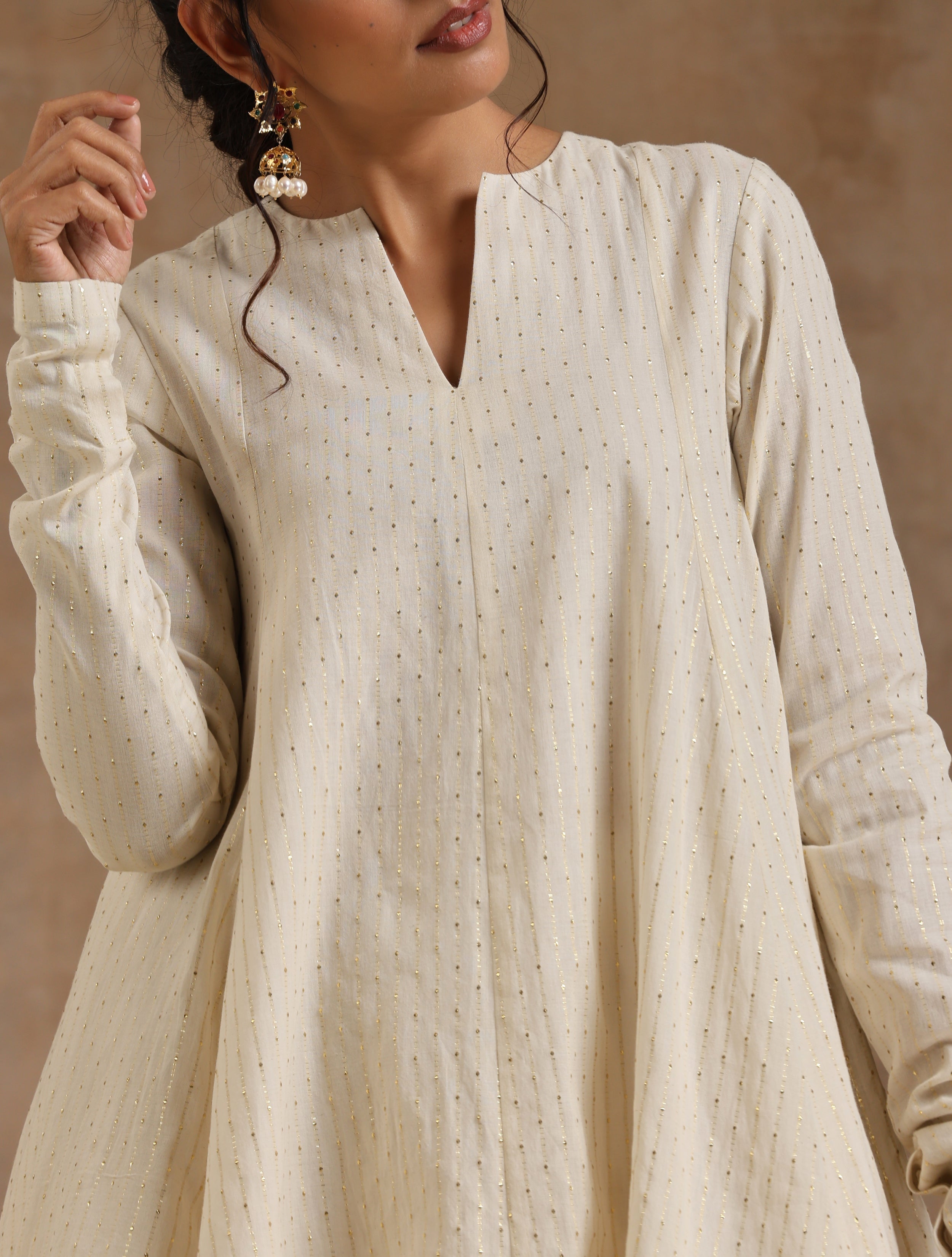 trueBrowns Ivory Gold Cotton Flared Co-Ord Set - Distacart