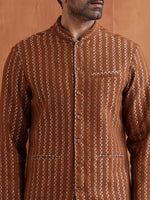 Thumbnail for trueBrowns Men's Brown Cotton Dobby Long Jacket - Distacart