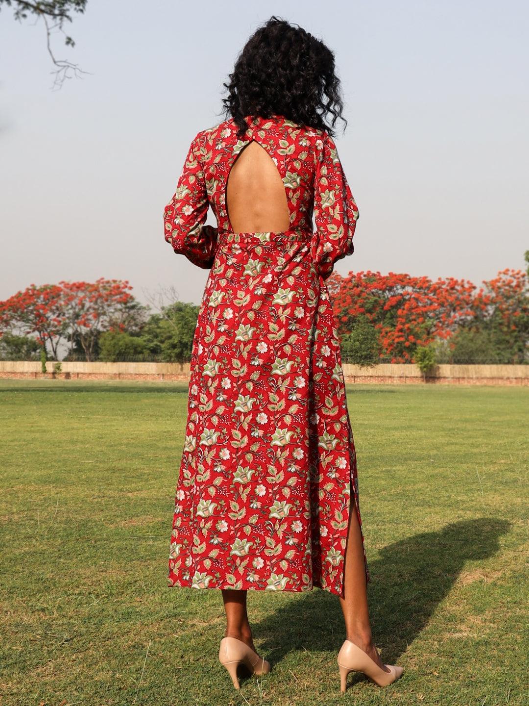trueBrowns Red Cotton Block Print Backless Dress - Distacart