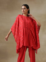 Thumbnail for trueBrowns Red Bandhani Printed Silk Kaftan Gathered Co-Ord Set - Distacart