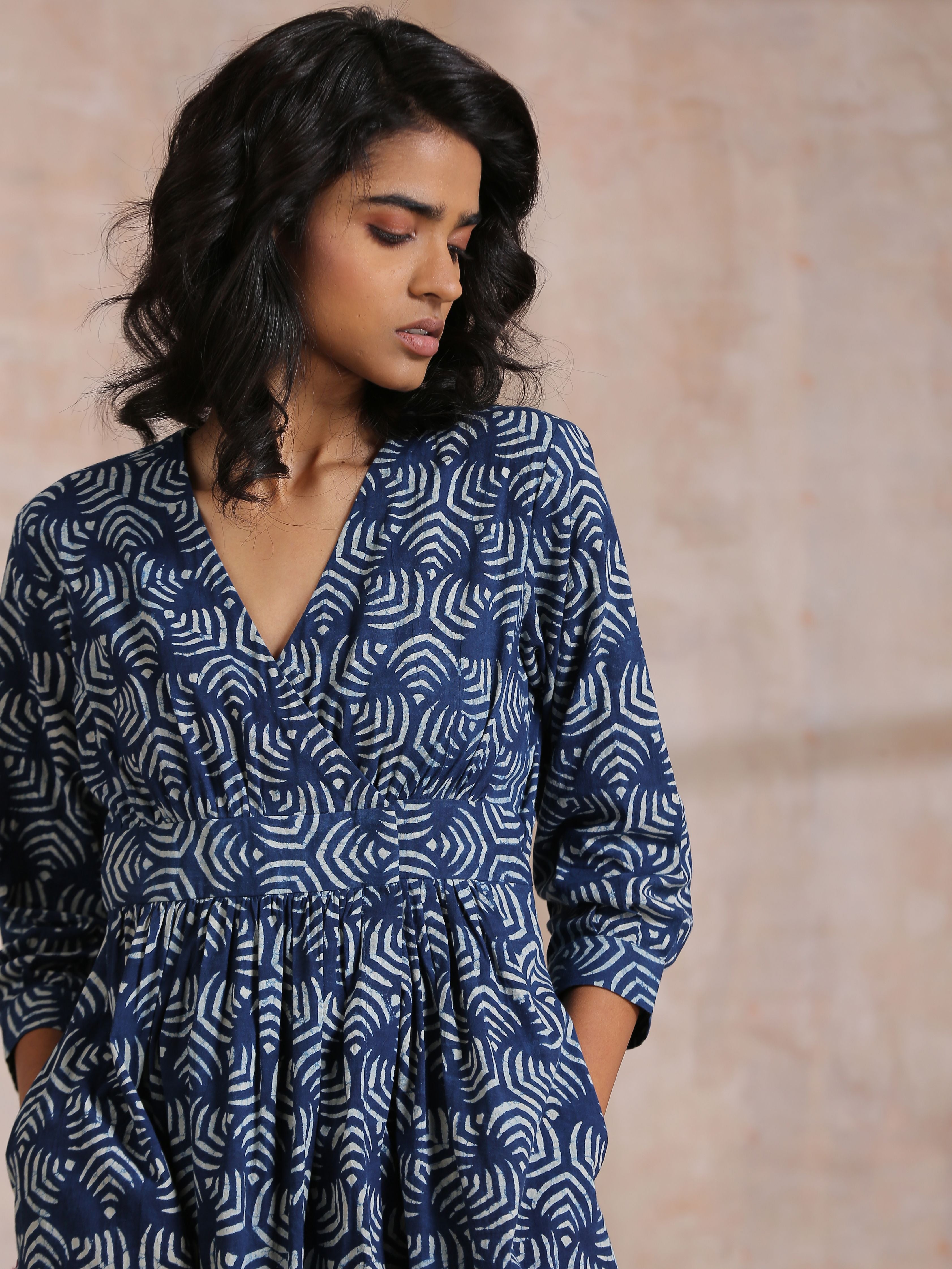 trueBrowns Indigo Dabu Overall Print Cotton Wrap Dress - Distacart
