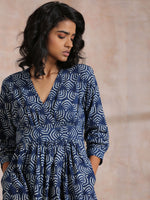 Thumbnail for trueBrowns Indigo Dabu Overall Print Cotton Wrap Dress - Distacart