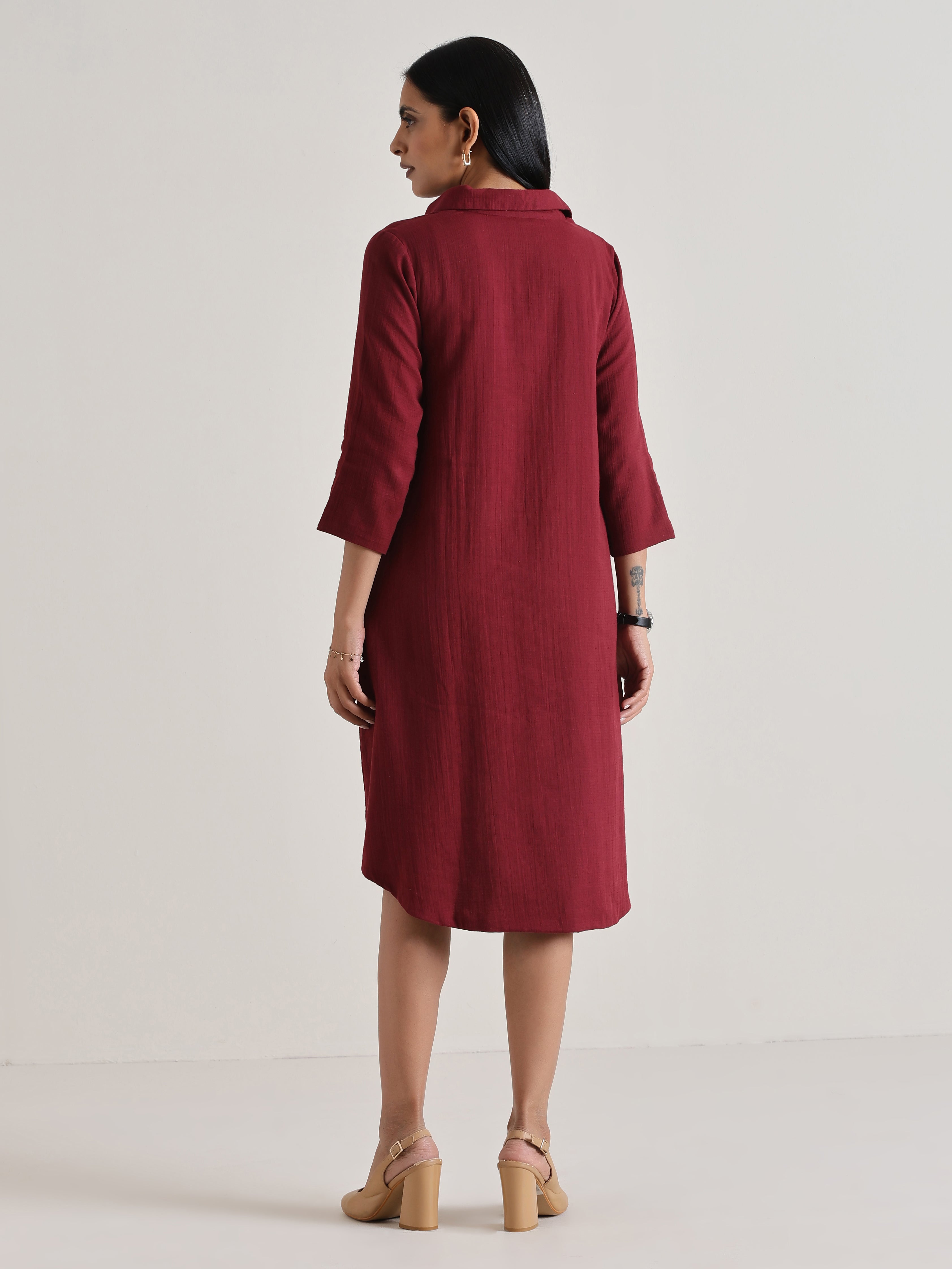 trueBrowns Maroon Short Collared Dress - Distacart
