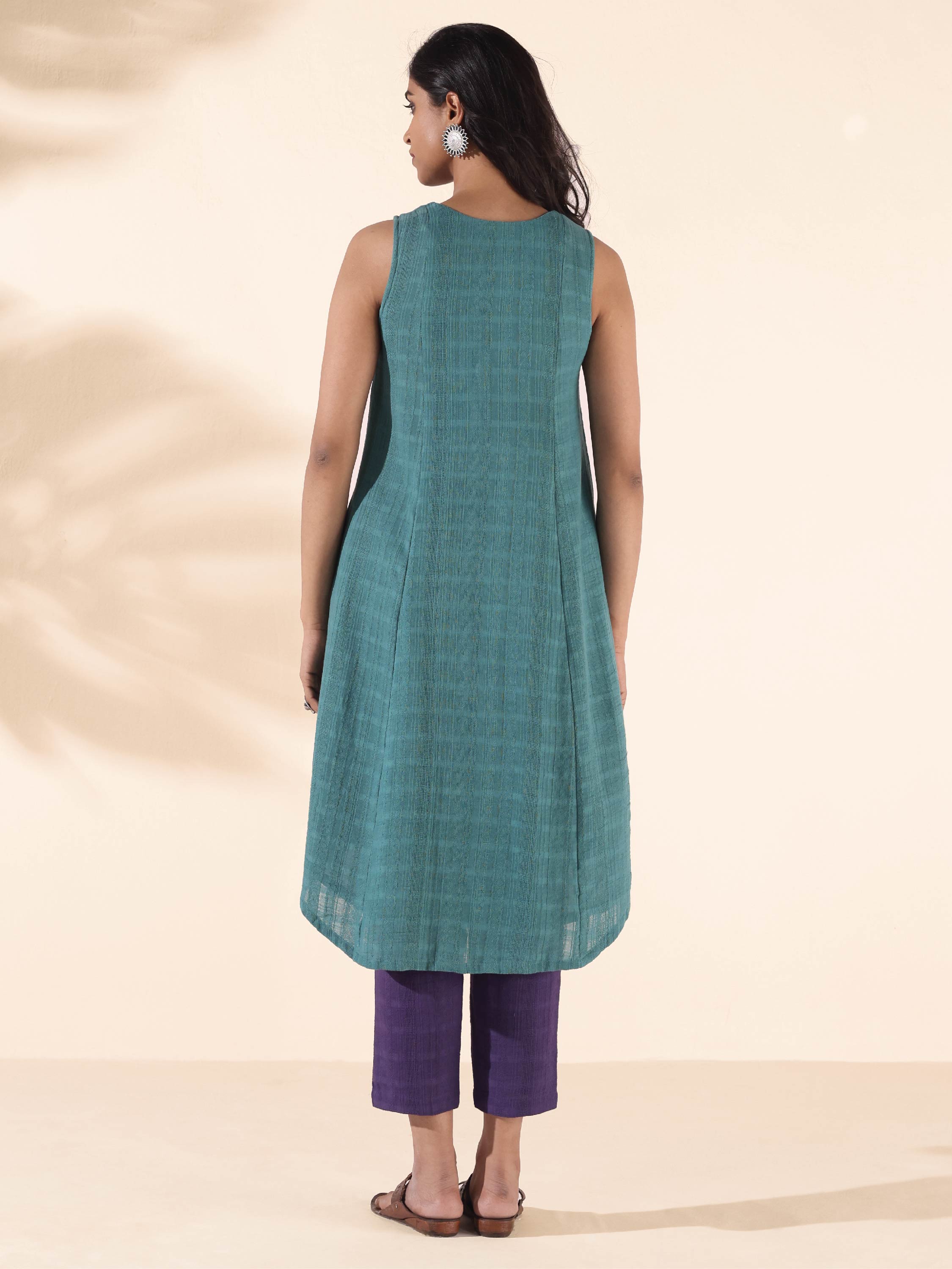 trueBrowns Turquoise Cotton Dobby Sleeveless Kurta Pant Set - Distacart