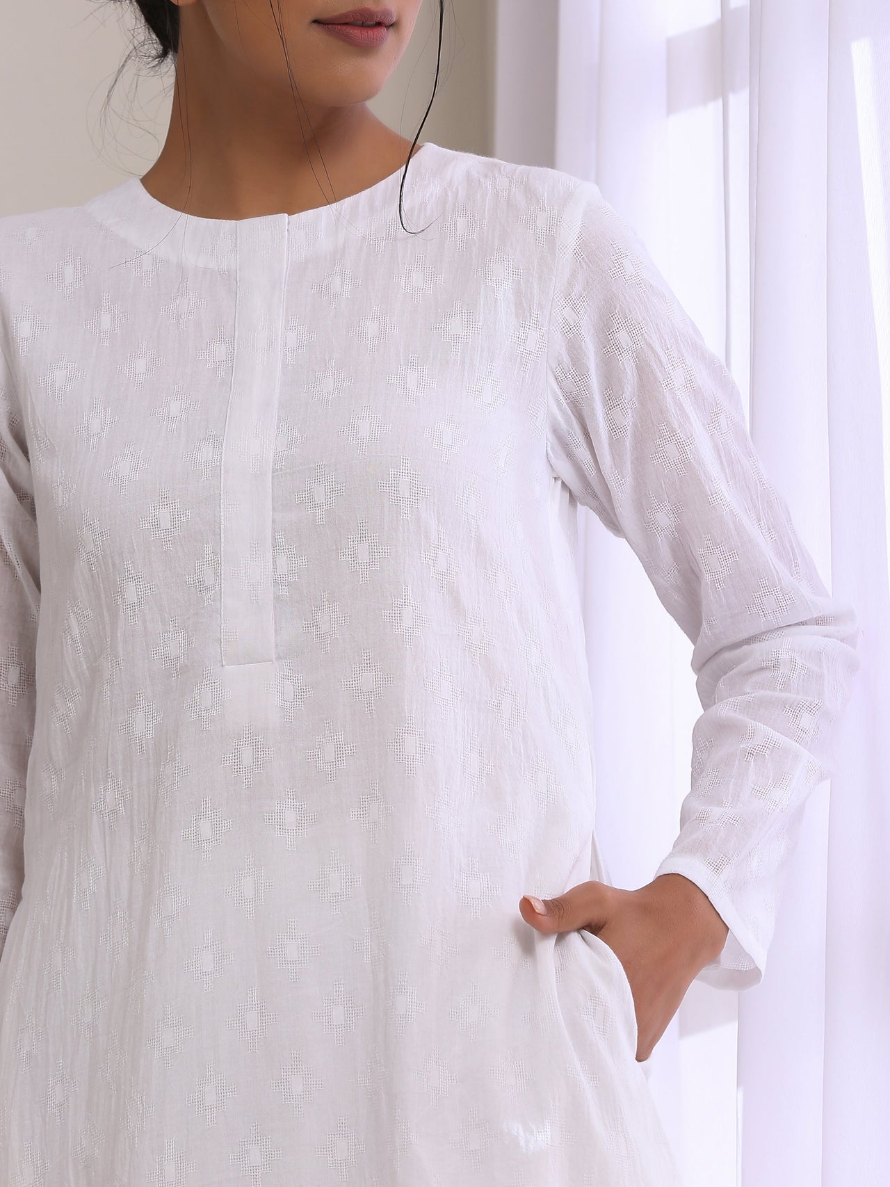 trueBrowns White Dobby Front Placket Co-Ord Set - Distacart