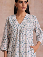 Thumbnail for trueBrowns White With Teal Buta Block Print Cotton Front Neck Gathered Kurta Pant Set - Distacart